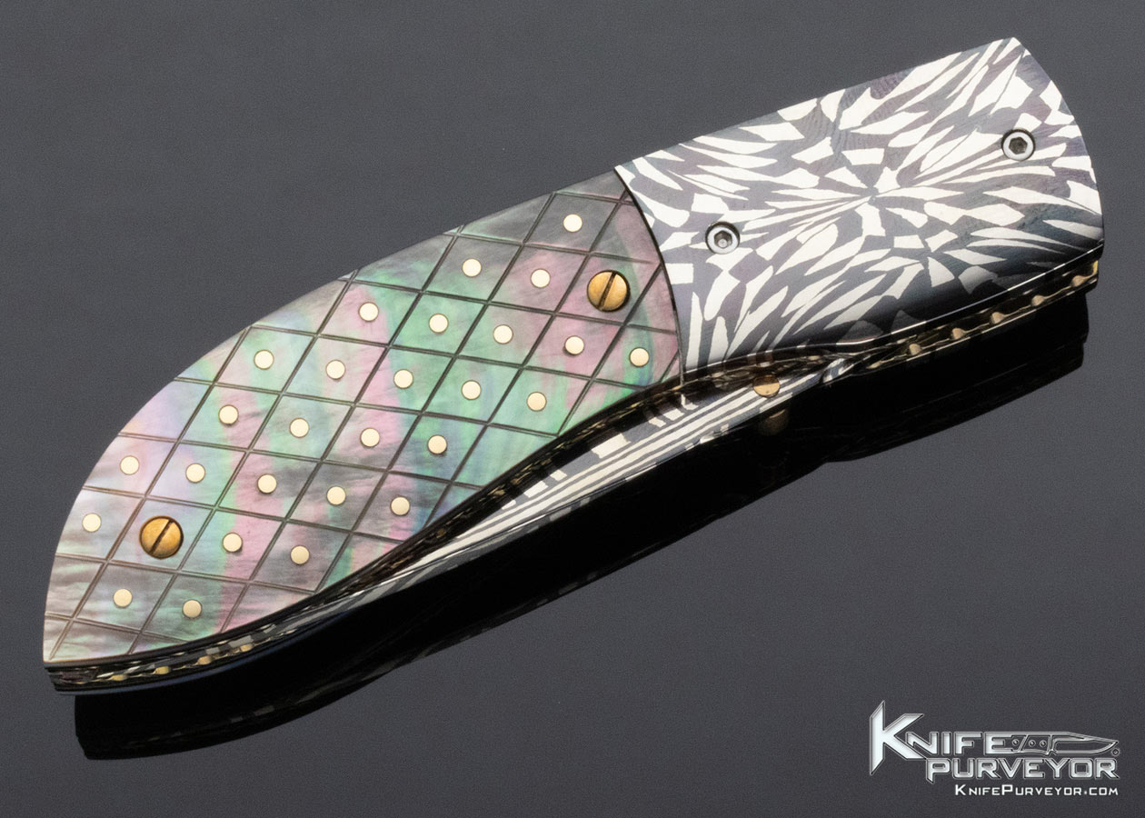 Jerry Corbit Custom Knife Robert Eggerling Damascus Piqued Black Lip Pearl Linerlock 13555