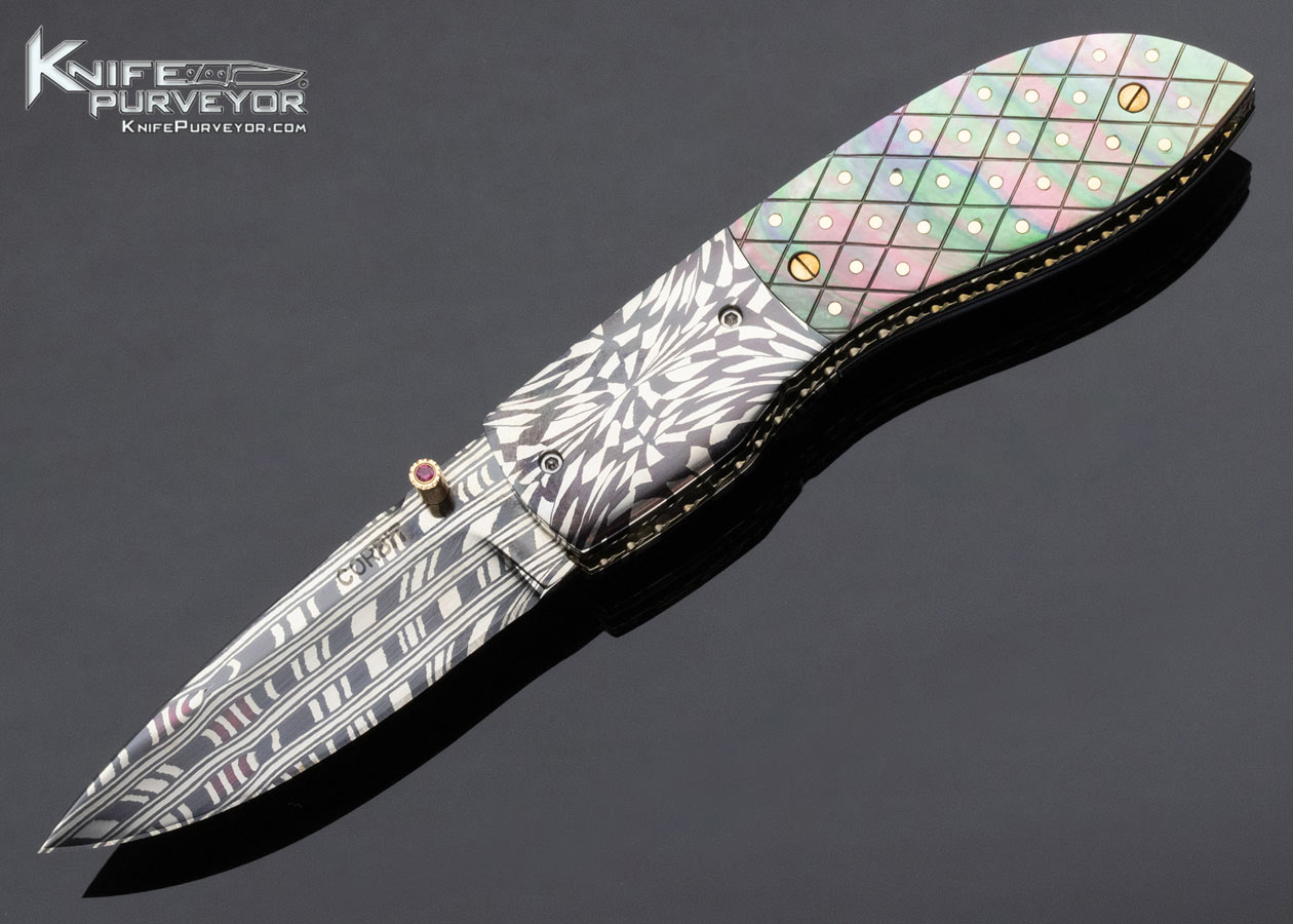 Jerry Corbit Custom Knife Robert Eggerling Damascus Piqued Black Lip Pearl Linerlock 13555