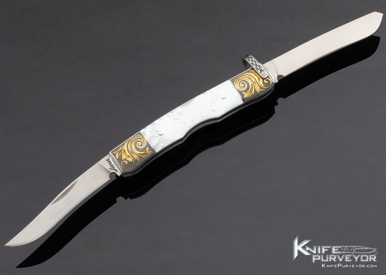 Jess Horn Custom Knife Tim George Engraved Mother of Pearl Two Blade Slipjoint with Gold Inlay 13275
