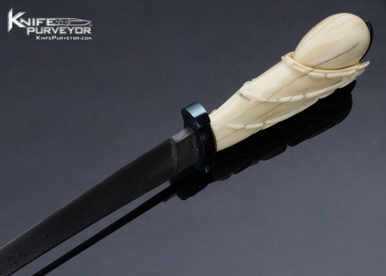 Jim Crowell Custom Knife Damascus Bowie with R. Dimarzo Carved Fossilized Walrus and Stingray Sheath 13568