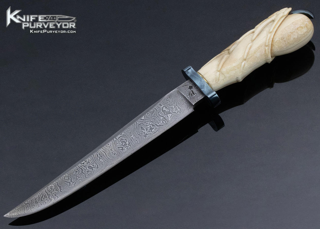 Jim Crowell Custom Knife Damascus Bowie with R. Dimarzo Carved Fossilized Walrus and Stingray Sheath 13568