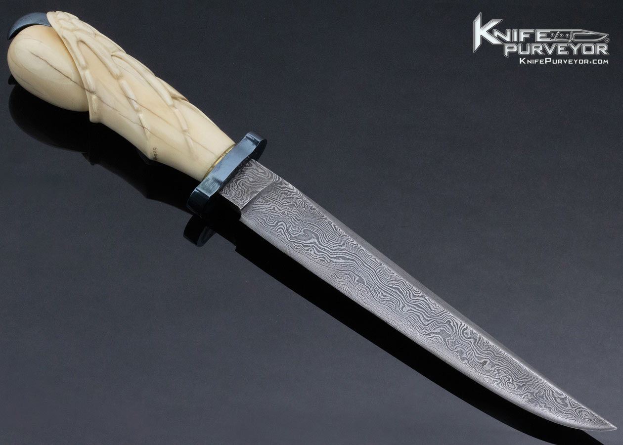 Jim Crowell Custom Knife Damascus Bowie with R. Dimarzo Carved Fossilized Walrus and Stingray Sheath - Image 3