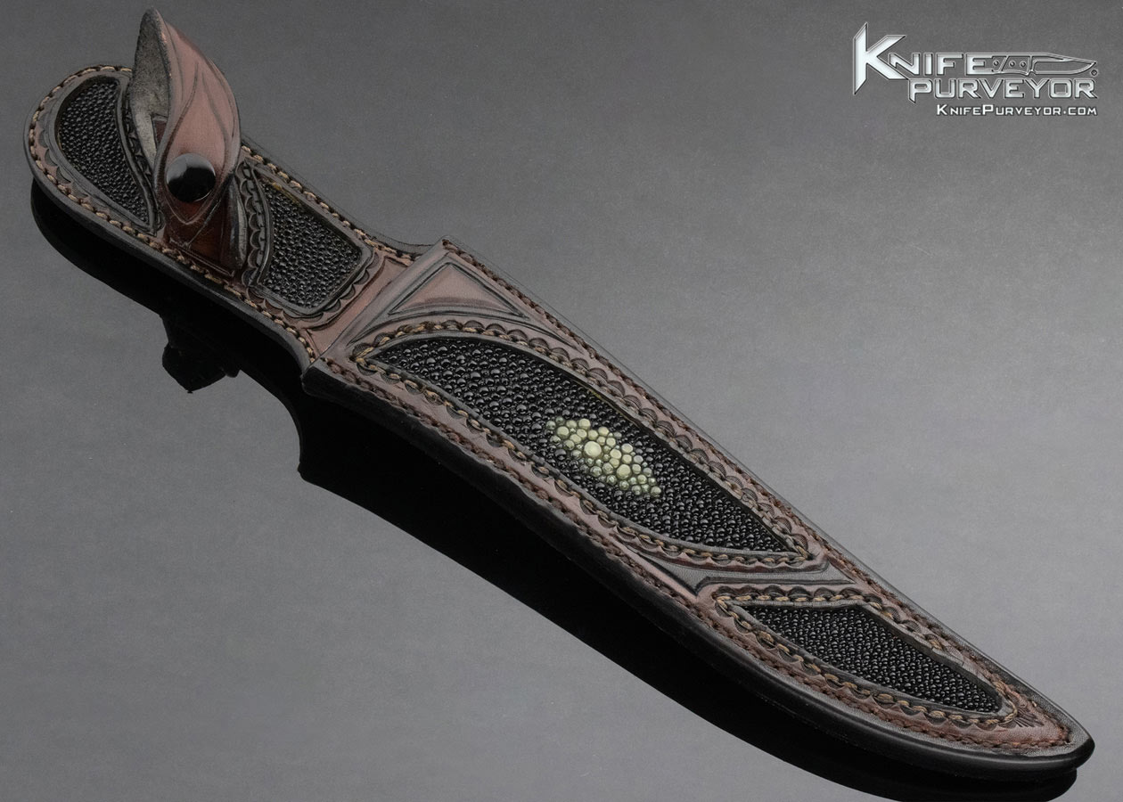 Jim Crowell Custom Knife Damascus Bowie with R. Dimarzo Carved Fossilized Walrus and Stingray Sheath - Image 7