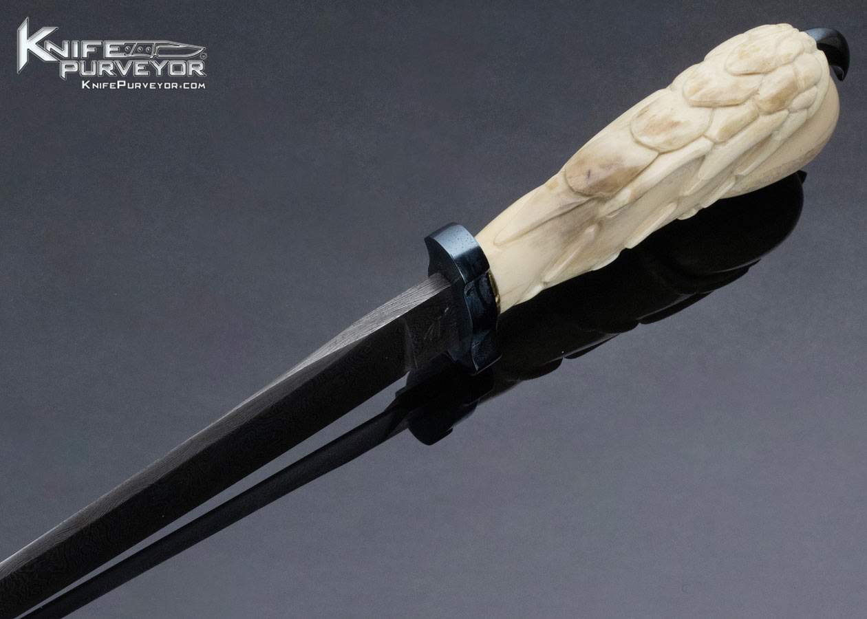 Jim Crowell Custom Knife Damascus Bowie with R. Dimarzo Carved Fossilized Walrus and Stingray Sheath - Image 5