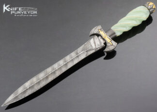 Jim Ence Custom Knife Damascus Dagger with Fluted Jade and Braided Gold Wire and Gold Accent Engraved 18218