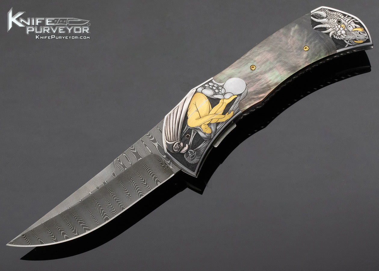 Matthew Lerch Custom Knife Ron Skaggs Engraved Damascus and Blacklip Pearl Automatic Linerlock 14967