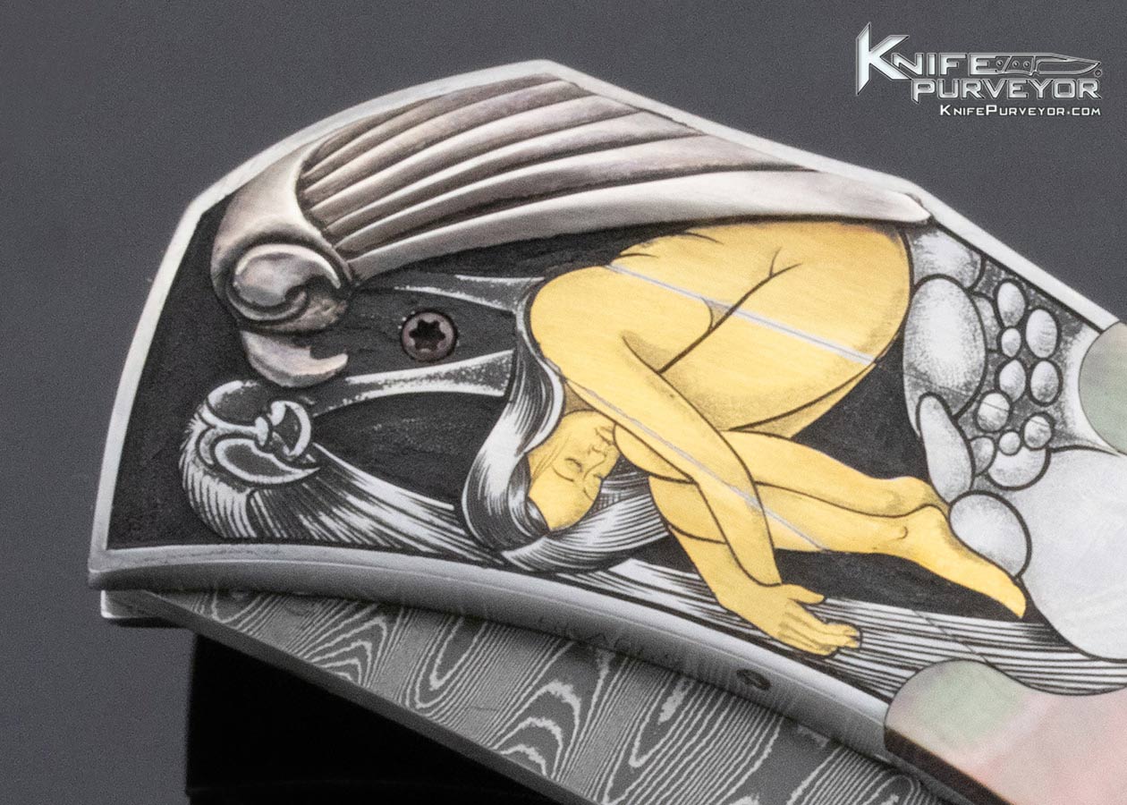Matthew Lerch Custom Knife Ron Skaggs Engraved Damascus and Blacklip Pearl Automatic Linerlock - Image 3
