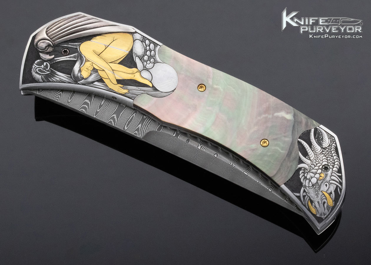 Matthew Lerch Custom Knife Ron Skaggs Engraved Damascus and Blacklip Pearl Automatic Linerlock - Image 2