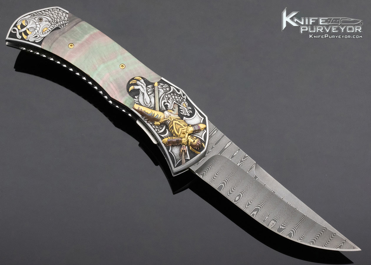 Matthew Lerch Custom Knife Ron Skaggs Engraved Damascus and Blacklip Pearl Automatic Linerlock 13528