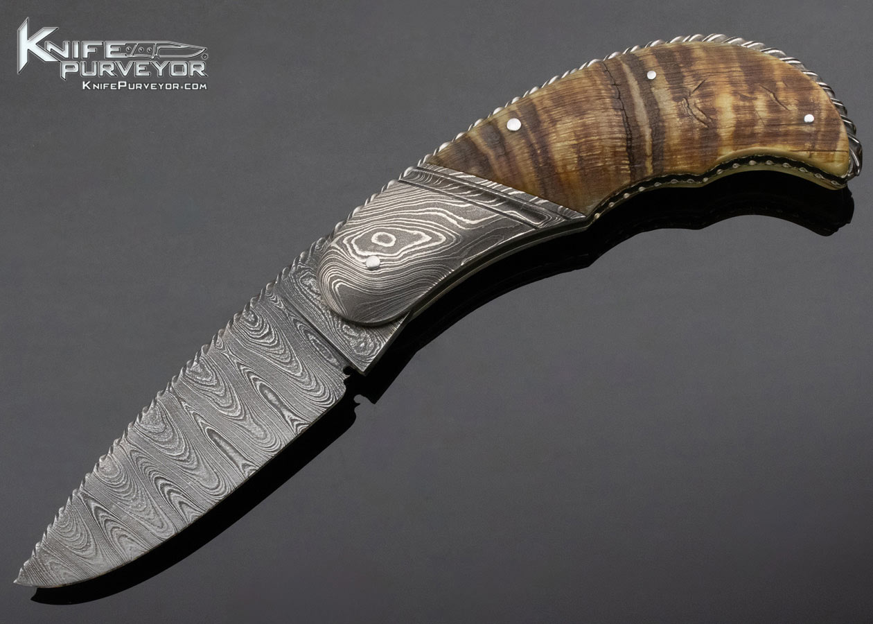Richard Rappazzo Custom Knife Damascus and Big Horn Sheep Horn Lockback 13533