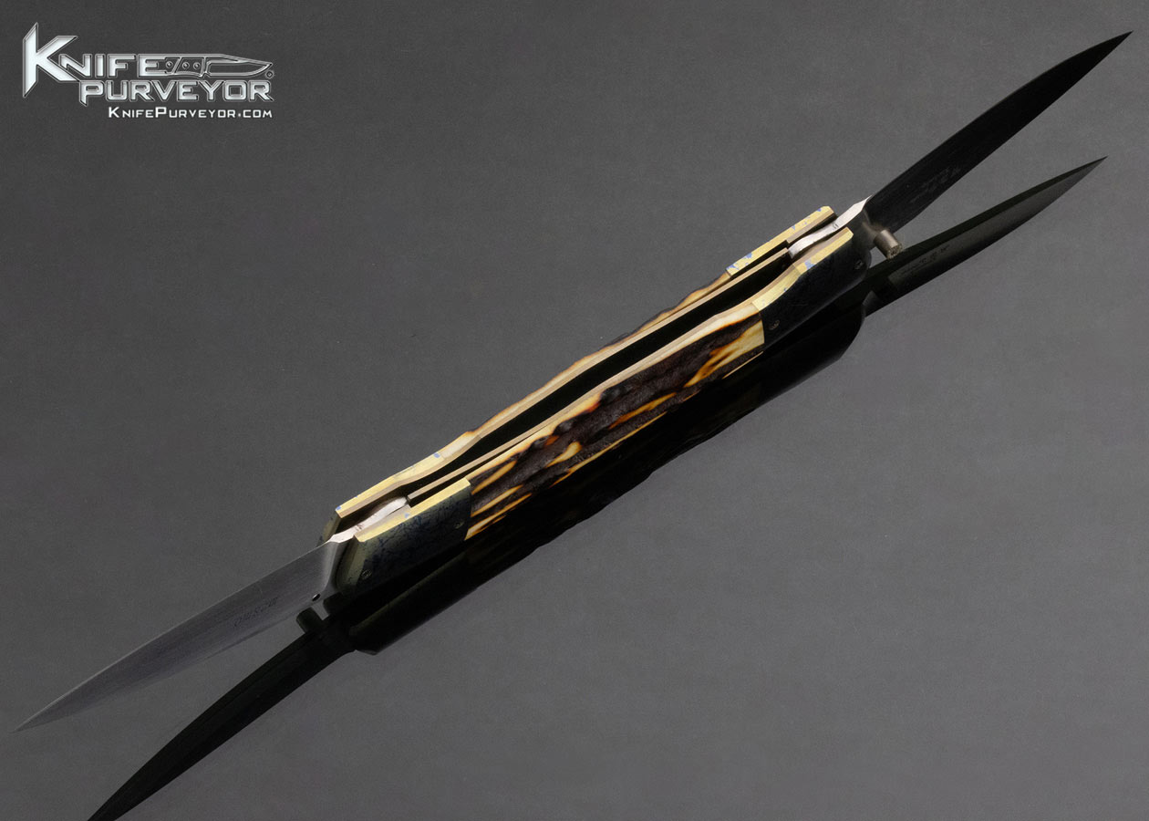 WD Pease Custom Knife Amber Stag and Anodized Titanium Double Bladed Linerlock 13704