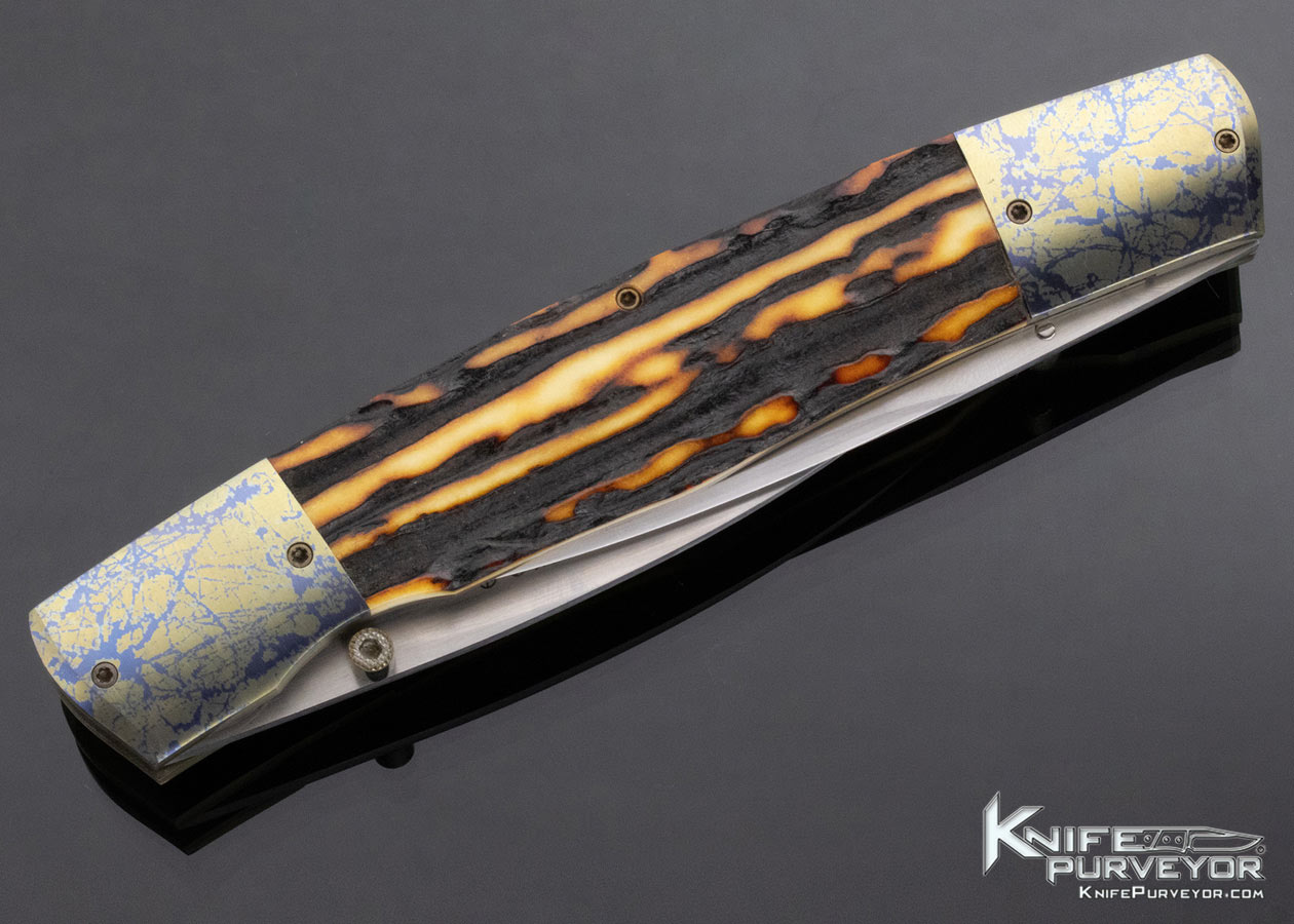 WD Pease Custom Knife Amber Stag and Anodized Titanium Double Bladed Linerlock - Image 3