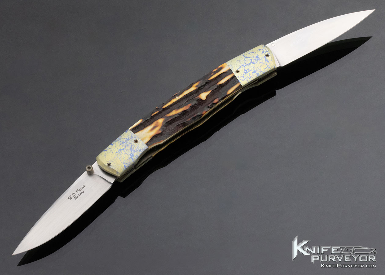 WD Pease Custom Knife Amber Stag and Anodized Titanium Double Bladed Linerlock 13704