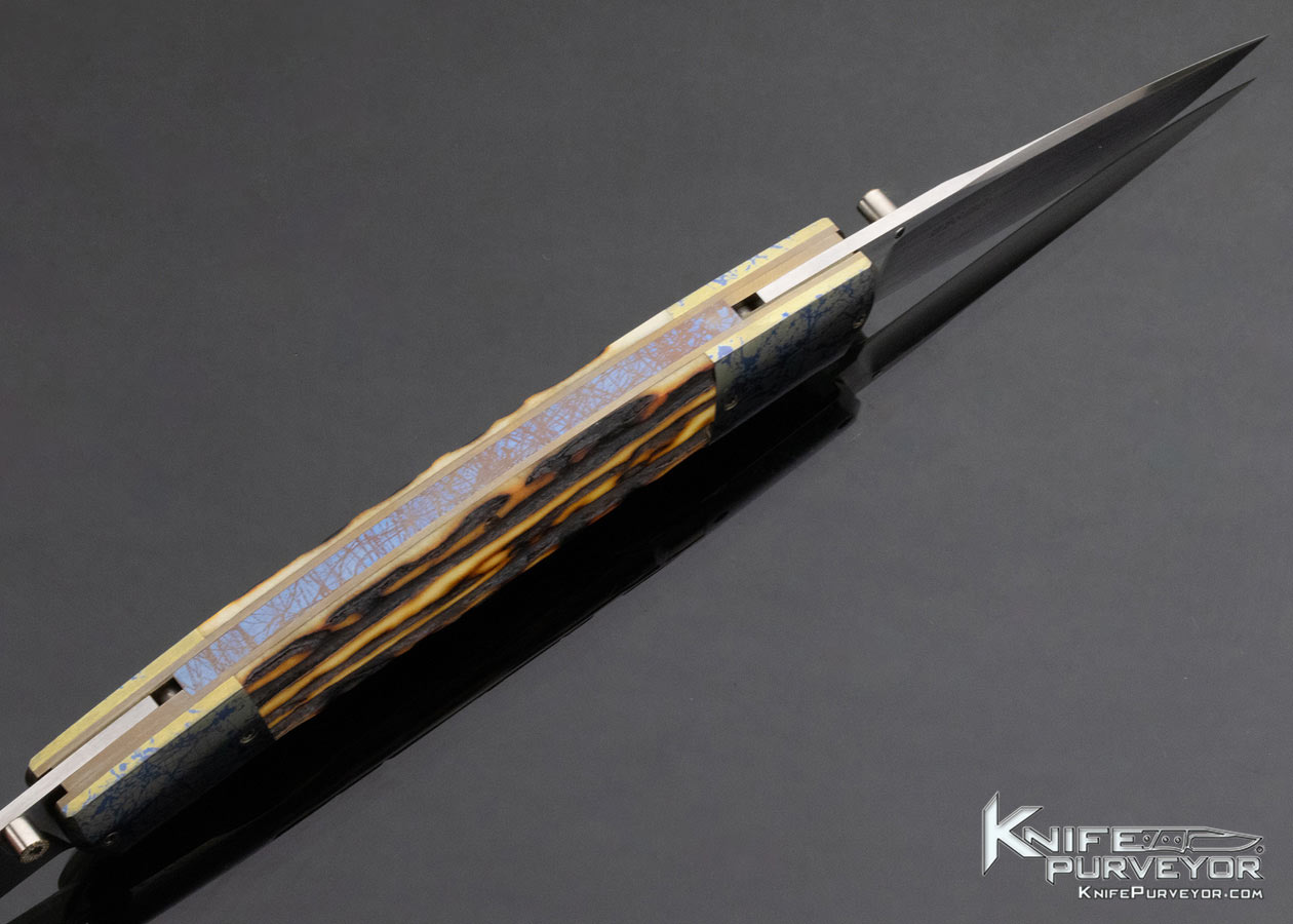 WD Pease Custom Knife Amber Stag and Anodized Titanium Double Bladed Linerlock - Image 5