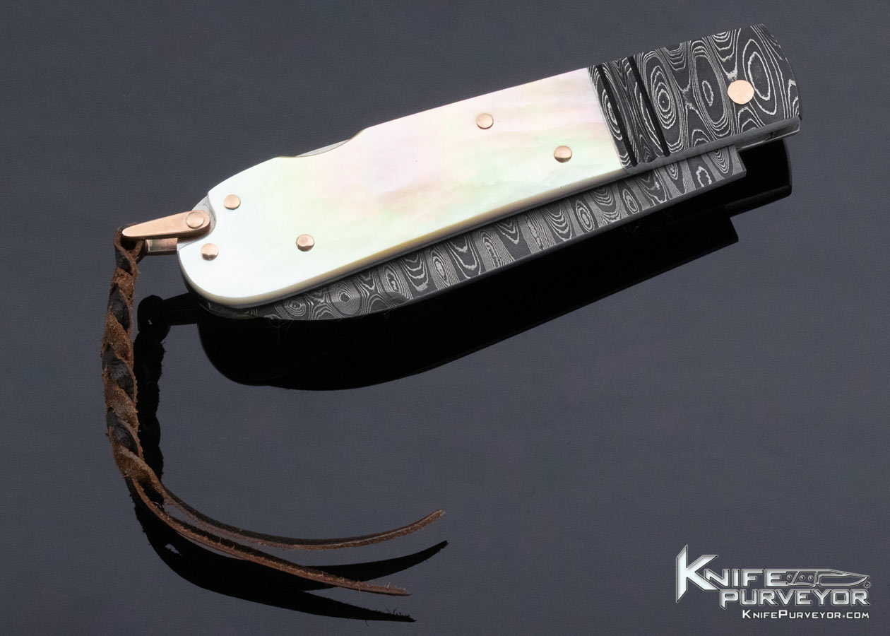 Warren Osborne Custom Knife Damascus and South Sea Gold Lip Pearl Lockback with Rose Gold Accents - Image 4