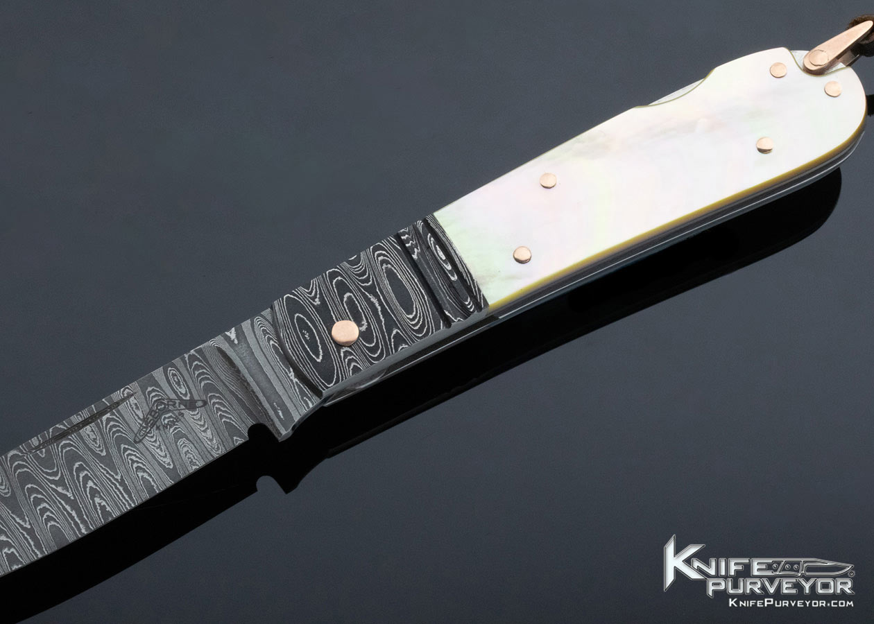 Warren Osborne Custom Knife Damascus and South Sea Gold Lip Pearl Lockback with Rose Gold Accents - Image 2