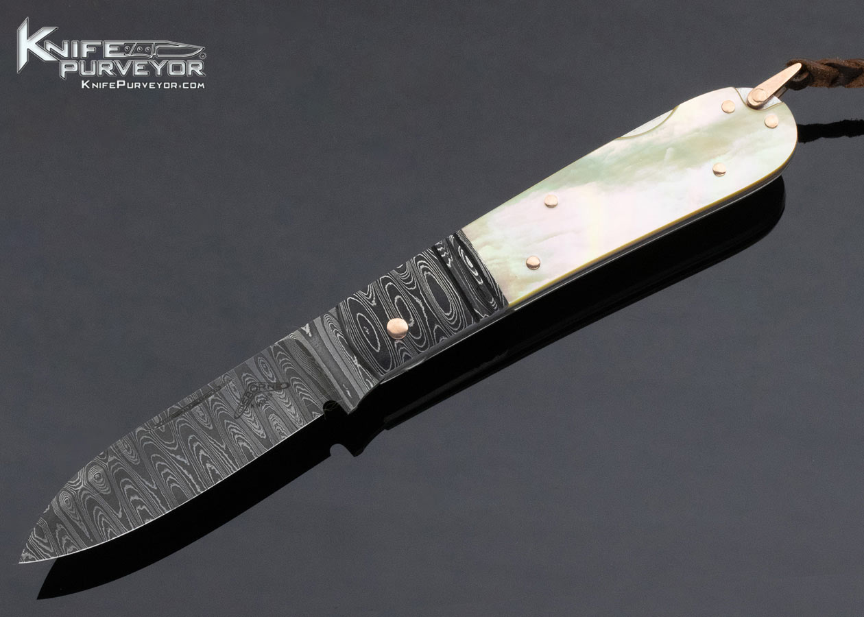 Warren Osborne Custom Knife Damascus and South Sea Gold Lip Pearl Lockback with Rose Gold Accents 13273