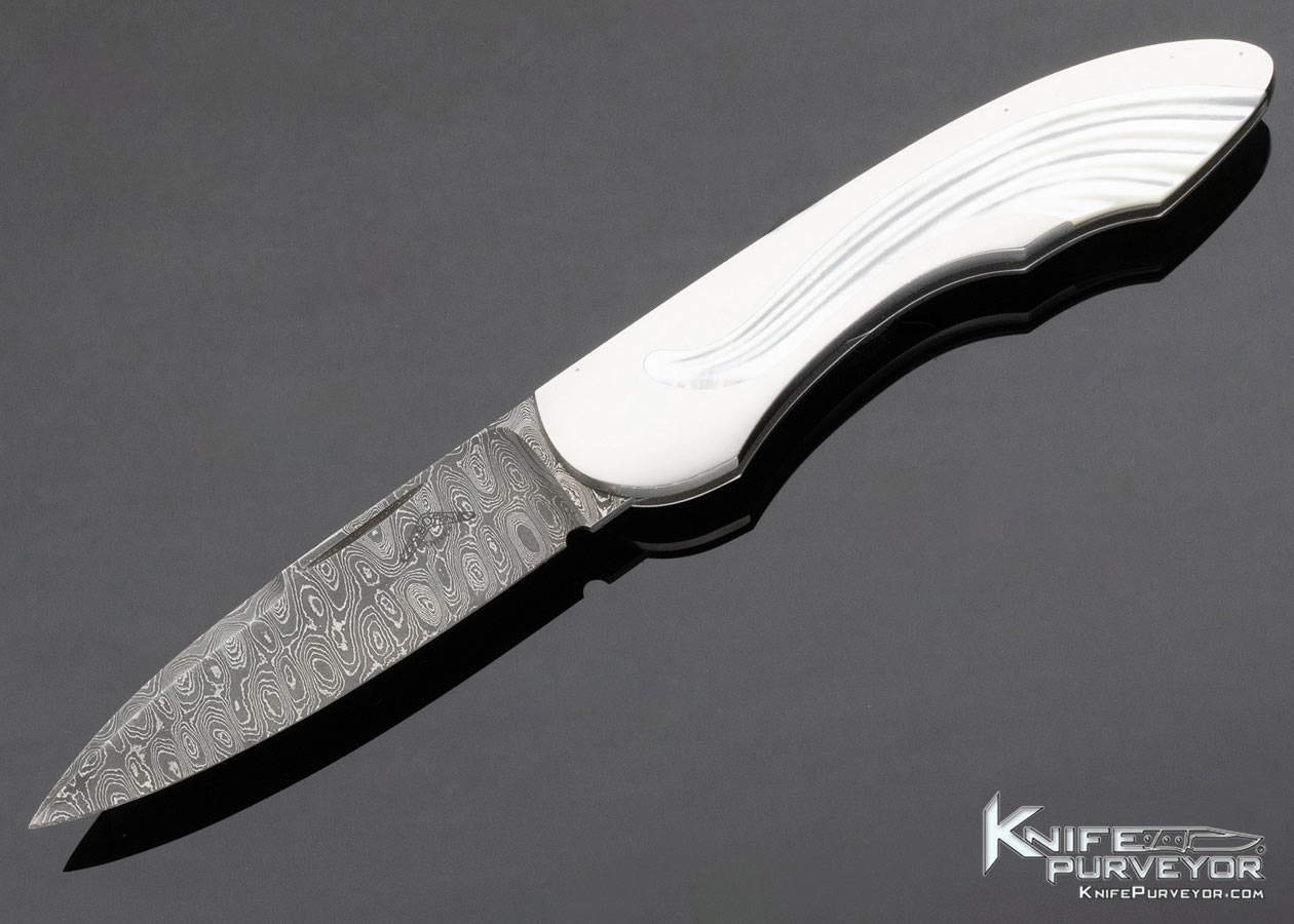 Warren Osborne Custom Knife Mike Norris Stainless Damascus Fluted Pearl Semi Interframe Lockback 13559