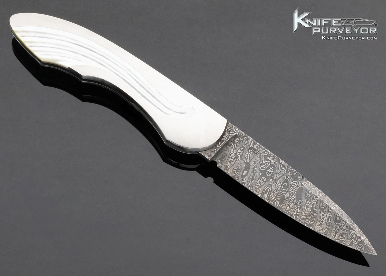 Warren Osborne Custom Knife Mike Norris Stainless Damascus Fluted Pearl Semi Interframe Lockback - Image 3