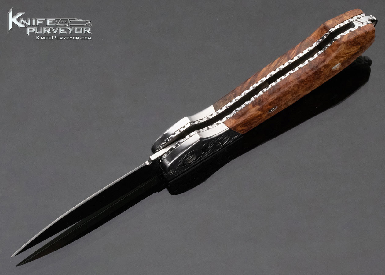 Mike Whiskers Allen Custom Knife Engraved Birdseye Burl Engraved Bolster Release Automatic - Image 7