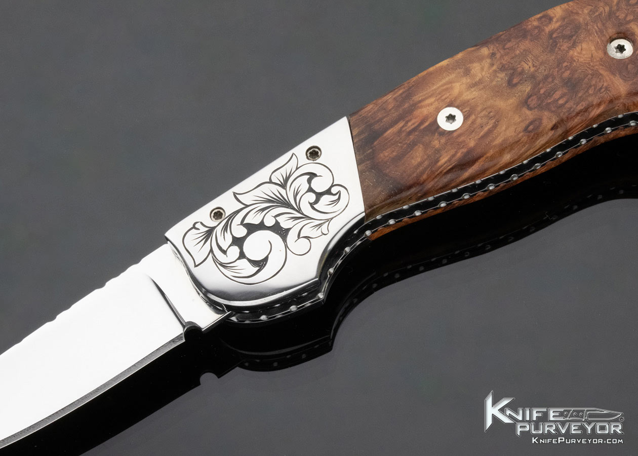 Mike Whiskers Allen Custom Knife Engraved Birdseye Burl Engraved Bolster Release Automatic - Image 2
