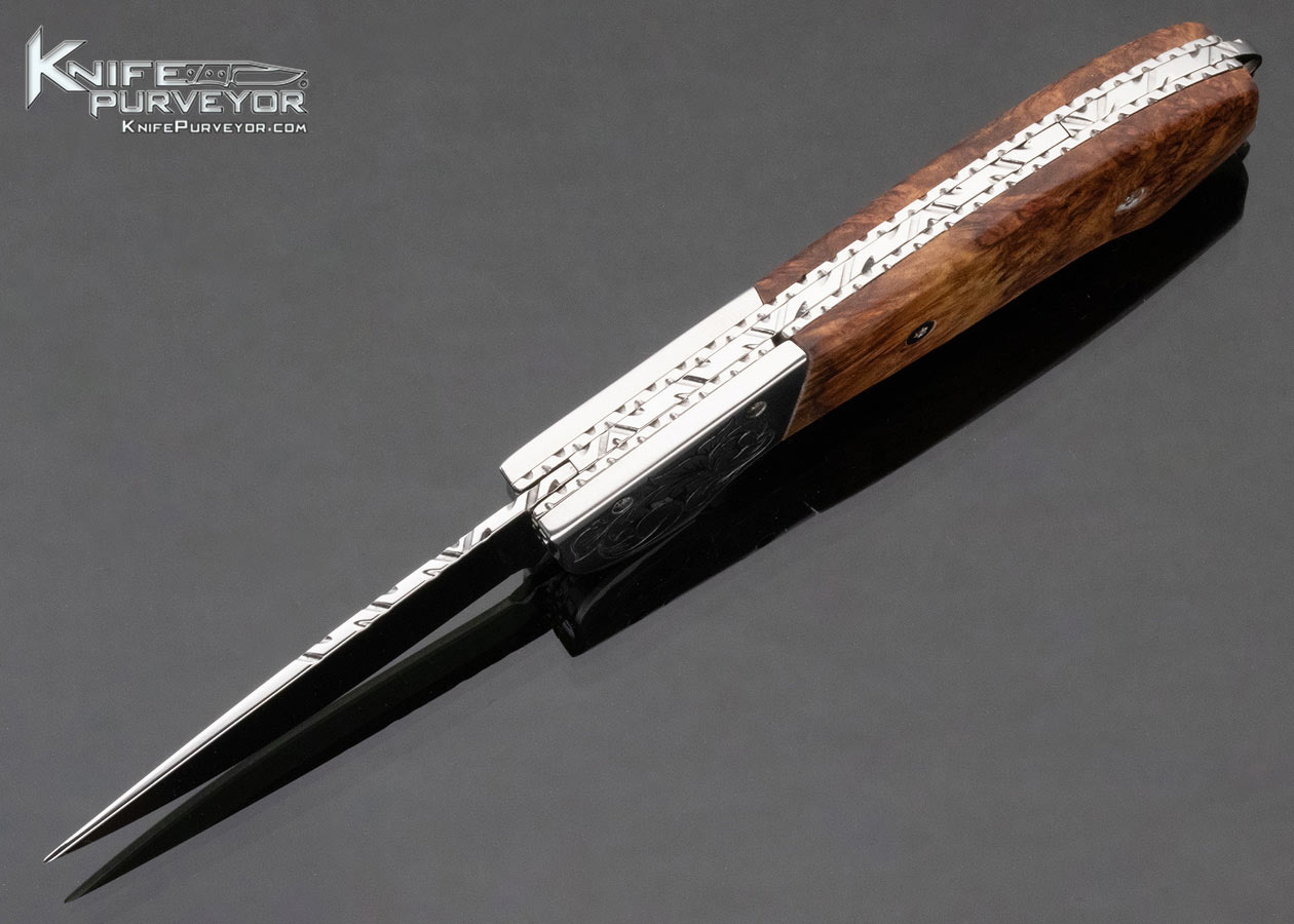 Mike Whiskers Allen Custom Knife Engraved Birdseye Burl Engraved Bolster Release Automatic - Image 6