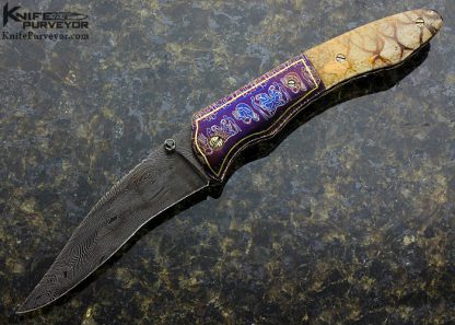 Joe Olson Custom Knife Tiger Coral and Sole Authorship Damascus Linerlock