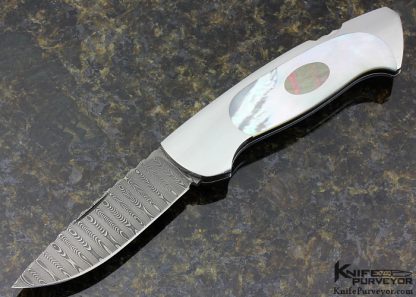 Joe Kious Custom Knives Mother of Pearl Shell with Black Lip Tahitian Pearl Shell Inlays and Mike Norris Stainless Damascus Blade Lockback