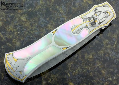 Warren Osborne Custom Knife Green Sea Snail Shell Interframe Lever Lock Engraved by Ray Cover Jr. - Image 6