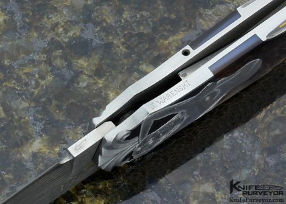 Warren Osborne Custom Knives Julie Warenski Engraved Black Lip Tahitian Pearl Shell & Mike Norris Stainless Steel Damascus Automatic Lockback - Image 7