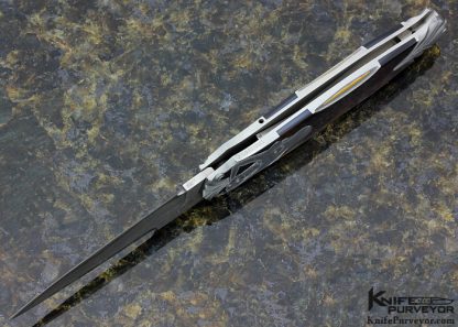 Warren Osborne Custom Knives Julie Warenski Engraved Black Lip Tahitian Pearl Shell & Mike Norris Stainless Steel Damascus Automatic Lockback - Image 6