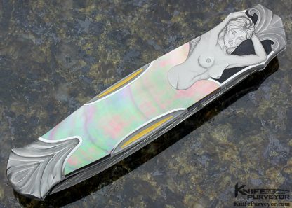 Warren Osborne Custom Knives Julie Warenski Engraved Black Lip Tahitian Pearl Shell & Mike Norris Stainless Steel Damascus Automatic Lockback - Image 3