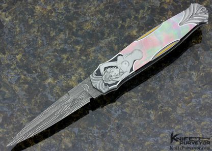 Warren Osborne Custom Knives Julie Warenski Engraved Black Lip Tahitian Pearl Shell & Mike Norris Stainless Steel Damascus Automatic Lockback