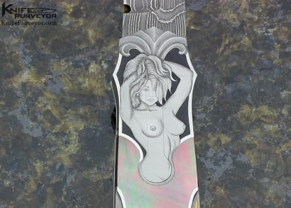 Warren Osborne Custom Knives Julie Warenski Engraved Black Lip Tahitian Pearl Shell & Mike Norris Stainless Steel Damascus Automatic Lockback - Image 2