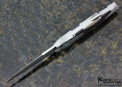 Warren Osborne Custom Knives Julie Warenski Engraved Black Lip Tahitian Pearl Shell & Mike Norris Stainless Steel Damascus Automatic Lockback - Image 5