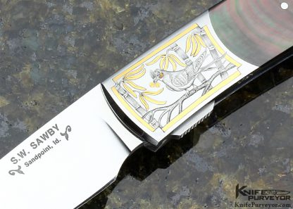 Scott Sawby Custom Knife Blacklip Tahitian Pearl Shell Swift Self Lock Engraved by Marian Sawby - Image 2