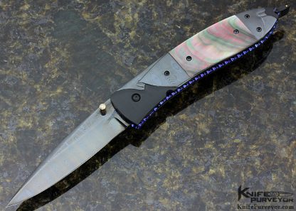 Joyce and Jim Minnick Custom Knife Blued Sculpted Damascus and Black Lip Tahitian Pearl Shell Linerlock 15803