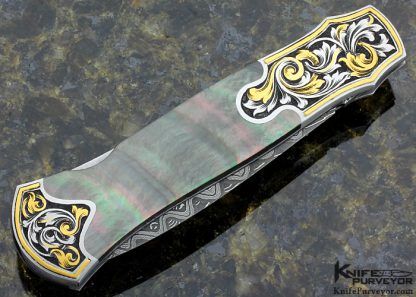 Warren Osborne Custom Knife Jon Robyn Engraved Dagger with Mike Norris Damascus and Black Lip Tahitian Pearl Shell - Image 7