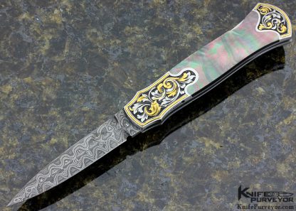 Warren Osborne Custom Knife Jon Robyn Engraved Dagger with Mike Norris Damascus and Black Lip Tahitian Pearl Shell