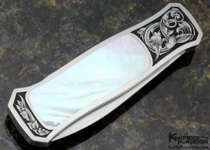 Tim Herman Custom Knife Sole Authroship Engraved Mother of Pearl Interframe Lockback Dagger - Image 4