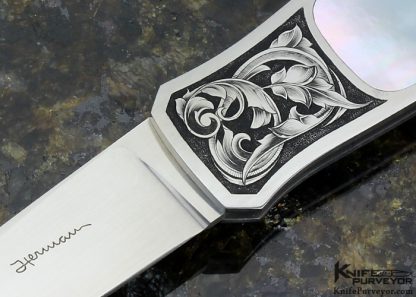 Tim Herman Custom Knife Sole Authroship Engraved Mother of Pearl Interframe Lockback Dagger - Image 2