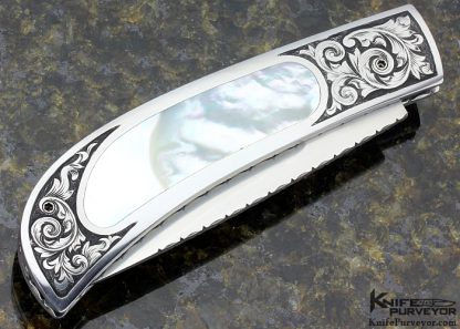 Ralph Dewey Harris Custom Knife  Sole Authorship Engraved Mother of Pearl Shell Interframe Button Release Folder - Image 4