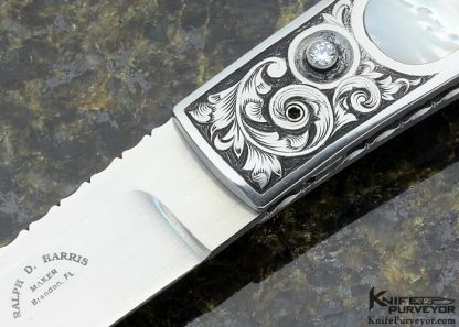 Ralph Dewey Harris Custom Knife  Sole Authorship Engraved Mother of Pearl Shell Interframe Button Release Folder - Image 2