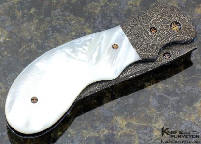 Barry Gallagher Custom Knife Sole Authorship Damascus & Mother of Pearl Shell Upswept Linerlock - Image 3