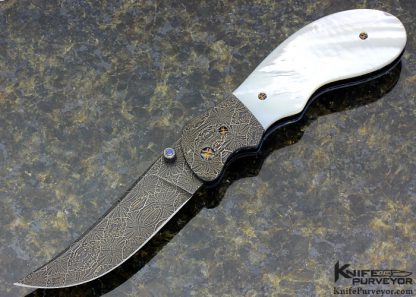 Barry Gallagher Custom Knife Sole Authorship Damascus & Mother of Pearl Shell Upswept Linerlock