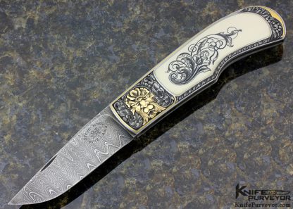 Steve Hoel Custom Knife Scrimshawed Mammoth Interframe Lockback Engraved with Sculpted Built Up 24Kt Gold by Franz Marktl