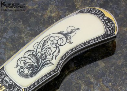 Steve Hoel Custom Knife Scrimshawed Mammoth Interframe Lockback Engraved with Sculpted Built Up 24Kt Gold by Franz Marktl - Image 3