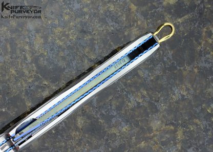 Des Horn Custom Knife Damasteel & Prism-Art Carved 416 Stainless Steel Scale Release Credit Card Auto Knife - Image 6