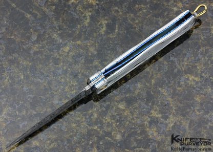 Des Horn Custom Knife Damasteel & Prism-Art Carved 416 Stainless Steel Scale Release Credit Card Auto Knife - Image 5