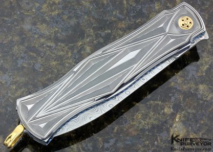 Des Horn Custom Knife Damasteel & Prism-Art Carved 416 Stainless Steel Scale Release Credit Card Auto Knife - Image 3